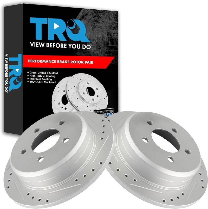 TRQ Rear Brake Rotor Set Drilled Slotted Solid G-Coated Compatible with 1994-1998 Jeep Grand Cherokee - Image 1