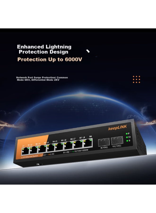 keepLiNK كيبلينك Kp-9000-10xh-x2 محول 2.5 جرام 8 منافذ 2.5 جرام + 2 منفذ 10 جرام وحدة تقسيم شبكة معدنية - Image 1