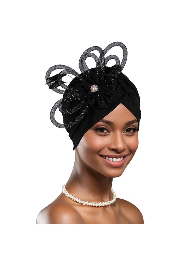 Laravel Women's Fashion Elegant Ladies' Wedding Dinner Hot Diamond Heavy Islamic Arab Hijab Undercap Elastic Turban Hat Headscarf Hat Ramadan Gift Holiday Gift Box - Black  - Image 1