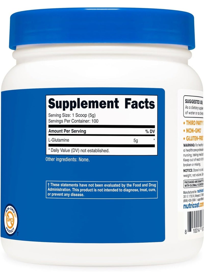 Nutricost مسحوق الجلوتامين (500 جرام) بدون نكهة - خالي من الجلوتين وغير معدّل وراثيًا، 100 وجبة - Image 2