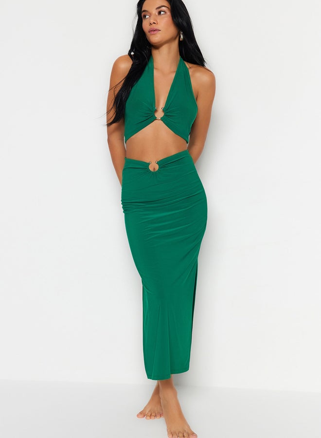 trendyol Green Fitted Knitted Blouse Skirt Set with Accessories TBESS23AU00084  - Image 2