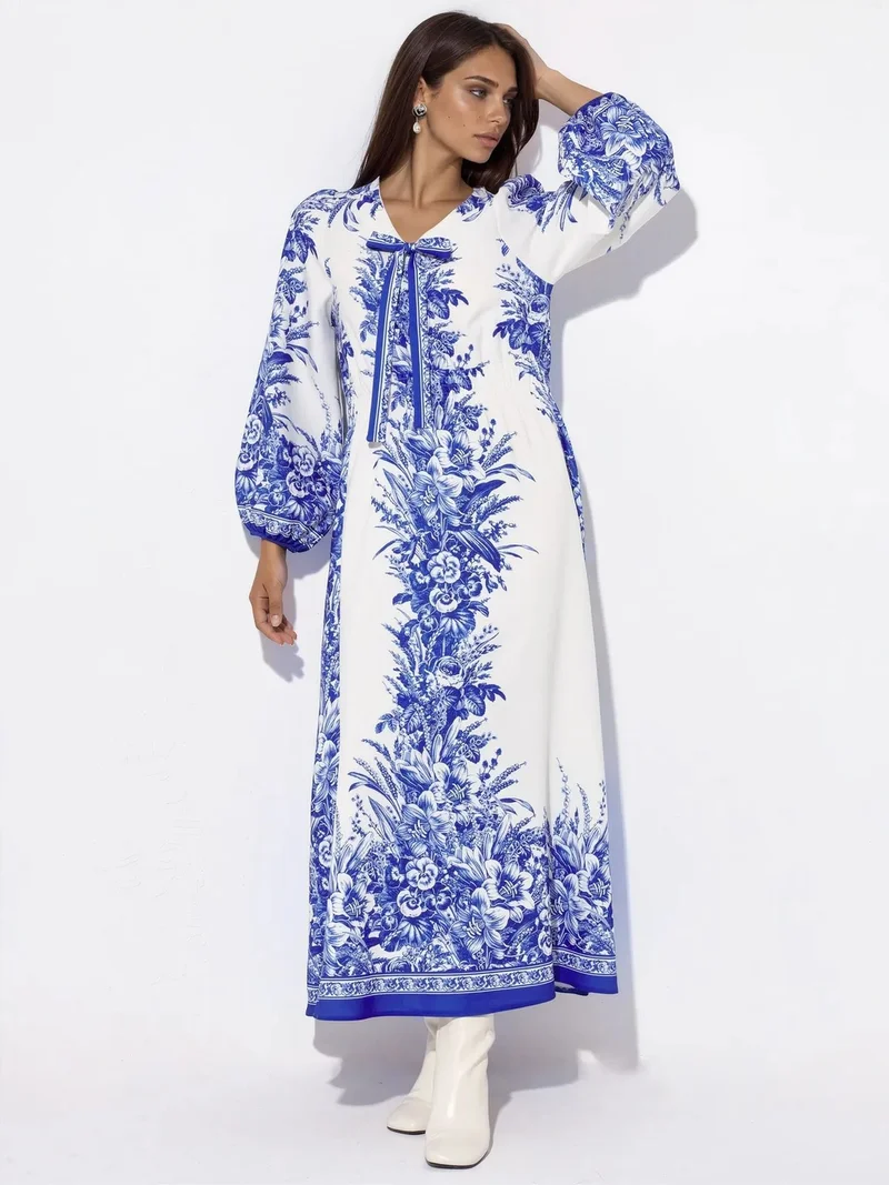 جينيفر Printed V-neck Maxi Dress With Tie Detail