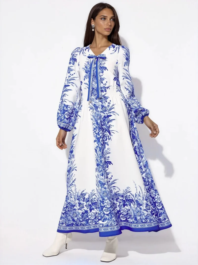 جينيفر Printed V-neck Maxi Dress With Tie Detail