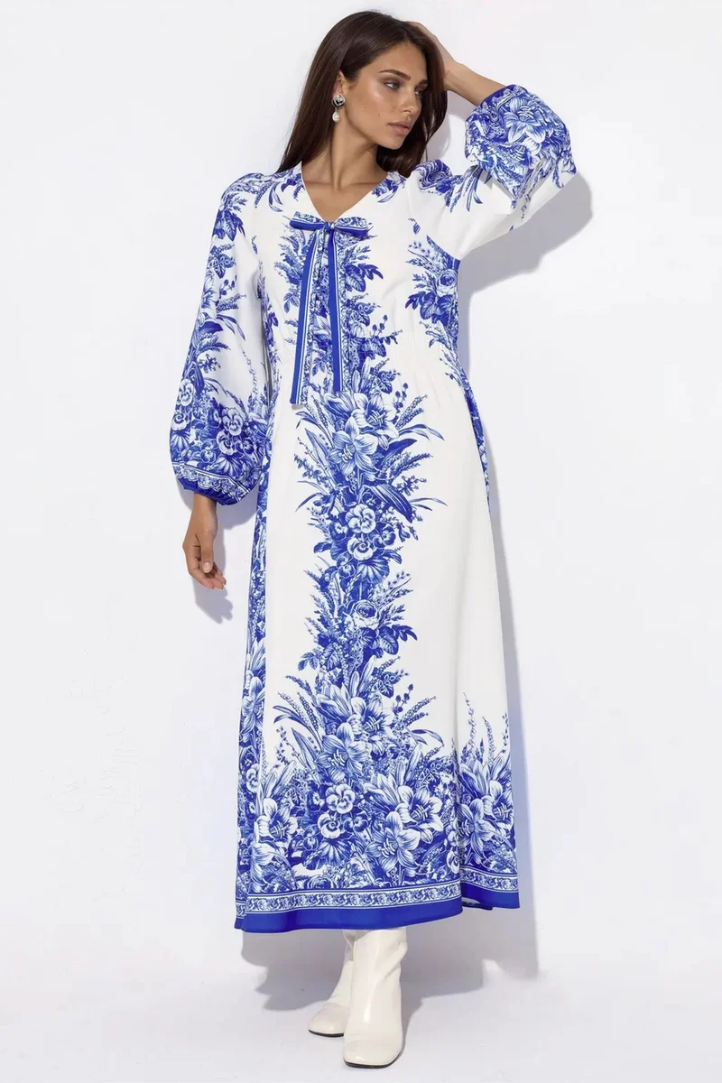 جينيفر Printed V-neck Maxi Dress With Tie Detail