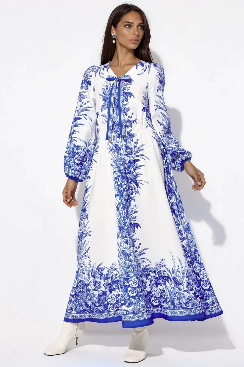 جينيفر Printed V-neck Maxi Dress With Tie Detail