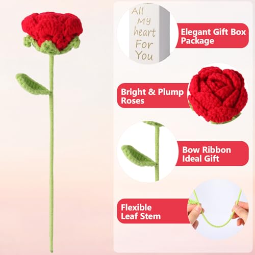 Gtudkae Handmade Crochet Red Rose, Knitted Bouquet Rose, Artificial Rose for Girl, Perfect for Birthday, Thanksgiving Day, Christmas, Anniversary, Valentine's, Mother's Day, Wedding Decor, Performance Props - Image 2