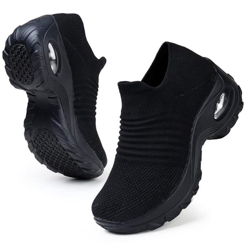 HKR Womens Walking Shoes Slip On Light Weight Mesh Platform Nursing Shoes Air Cushion Sneakers All Black US Size 9(1839 EU 41) - Image 1