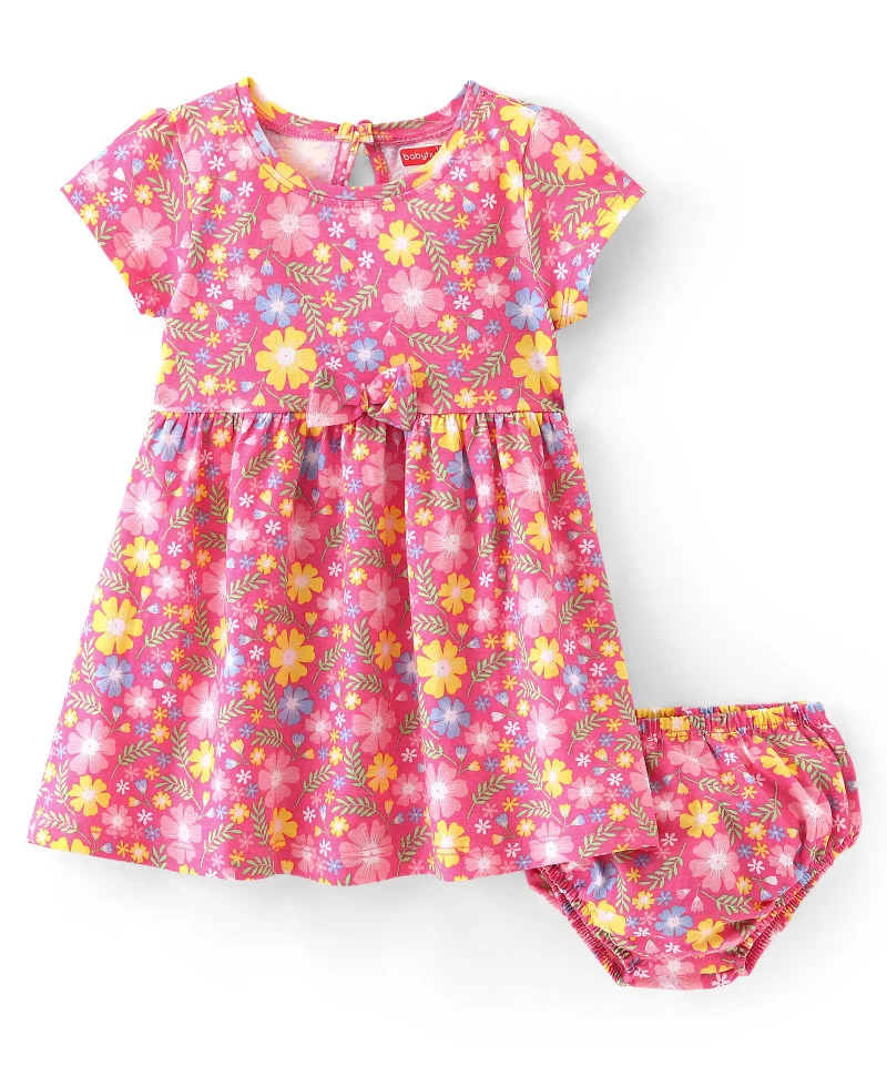 babyhug Babyhug Cotton Jersey Knit Half Sleeves Frock with Bloomer Floral Print & Bow Applique - Pink