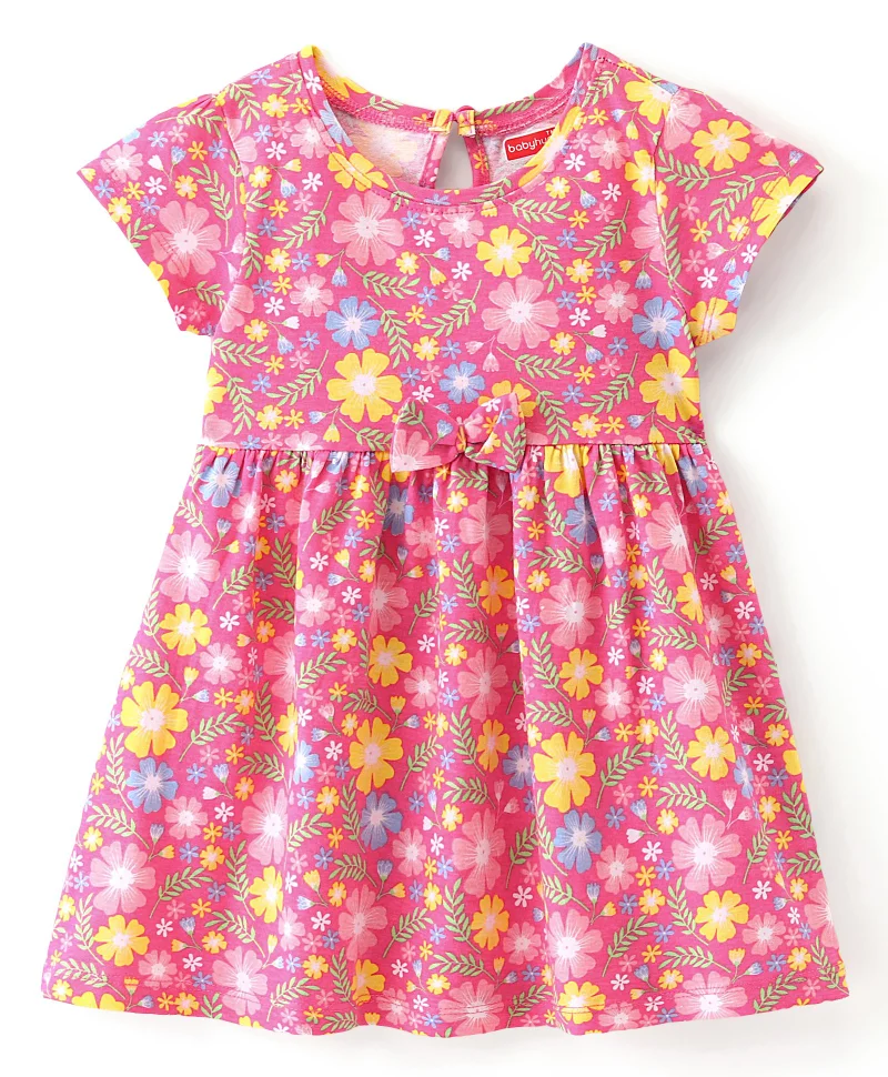 babyhug Babyhug Cotton Jersey Knit Half Sleeves Frock with Bloomer Floral Print & Bow Applique - Pink