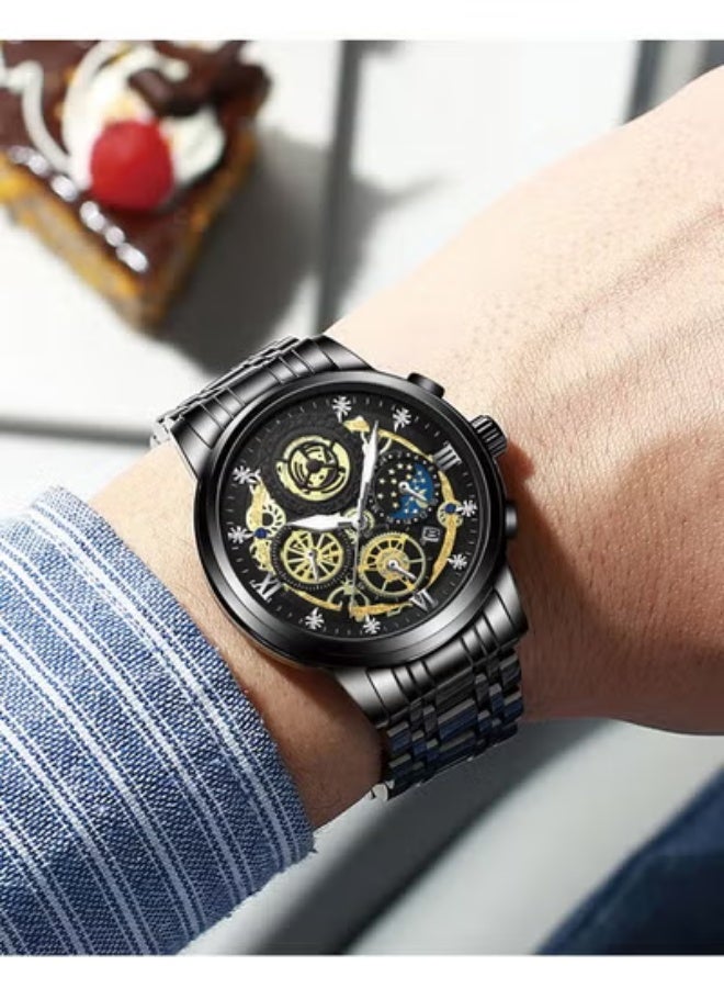 FNGEEN Men's Quartz Watch, Skeleton Design, Waterproof, Multi-Function Wristwatch with 42mm Dial and Metal Case - Image 3