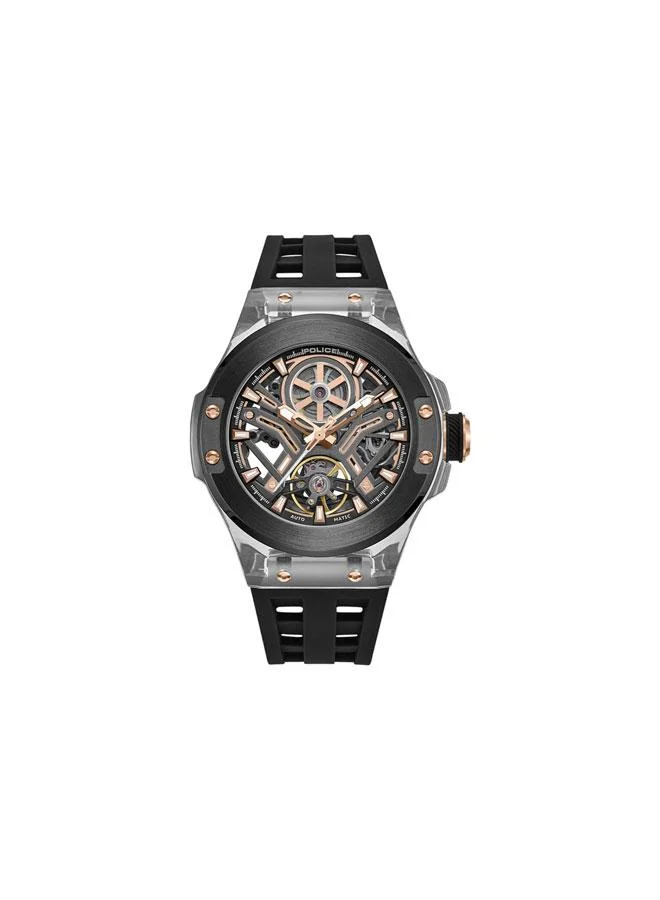 بوليس ساعة رجالية أوتوماتيكية بقرص أسود معدني وحزام سيليكون أسود - . مم