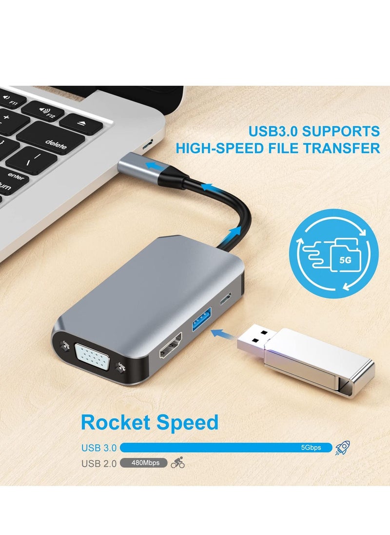 محول USB C إلى HDMI VGA 4 في 1 محول USB C إلى HDMI 4K متعدد المنافذ مع منفذ USB 3.0
