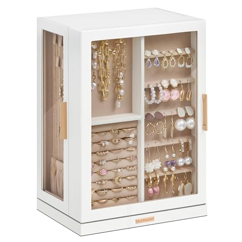 Glimmloop 360° Rotating Jewelry Box with 7 Drawers, Spacious Vertical Jewelry Organizer with Glass Window, Jewelry Storage Case, Dustproof & Moisture-resistant Design, White - Image 1