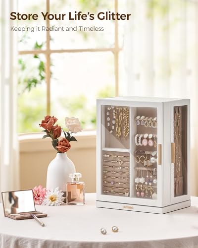 Glimmloop 360° Rotating Jewelry Box with 7 Drawers, Spacious Vertical Jewelry Organizer with Glass Window, Jewelry Storage Case, Dustproof & Moisture-resistant Design, White - Image 2