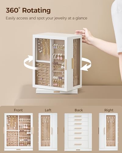Glimmloop 360° Rotating Jewelry Box with 7 Drawers, Spacious Vertical Jewelry Organizer with Glass Window, Jewelry Storage Case, Dustproof & Moisture-resistant Design, White - Image 3
