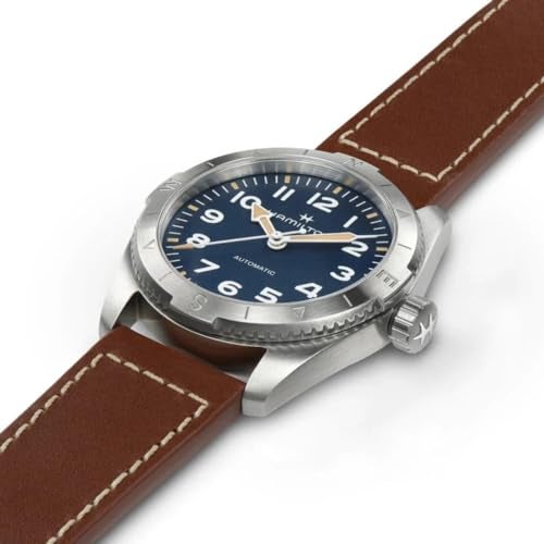 Hamilton Watch Khaki Field Expedition Auto | Swiss Made | 37mm Stainless Steel Case | Blue Dial Analog Watch | Brown Leather Strap (Model: H70225540) - Image 3