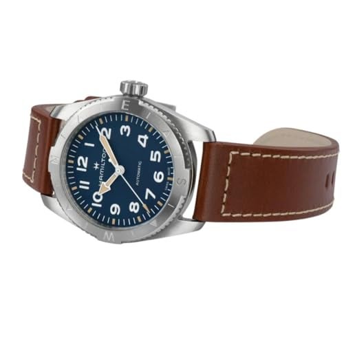 Hamilton Watch Khaki Field Expedition Auto | Swiss Made | 37mm Stainless Steel Case | Blue Dial Analog Watch | Brown Leather Strap (Model: H70225540) - Image 4