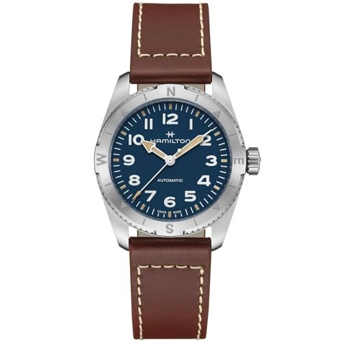Hamilton Watch Khaki Field Expedition Auto | Swiss Made | 37mm Stainless Steel Case | Blue Dial Analog Watch | Brown Leather Strap (Model: H70225540) - Image 5