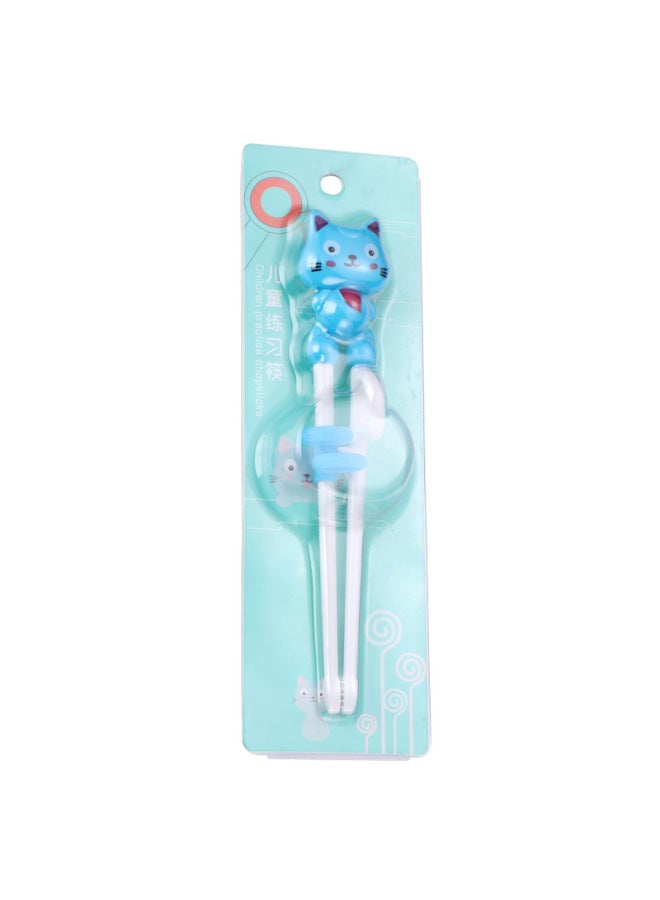 Portable Children's Training Chopsticks Baby Eating Meal Supplementary Food Feeding Auxiliary Cartoon Practice Chopsticks-Color:Happy Cat-Blue-Card  - Image 1