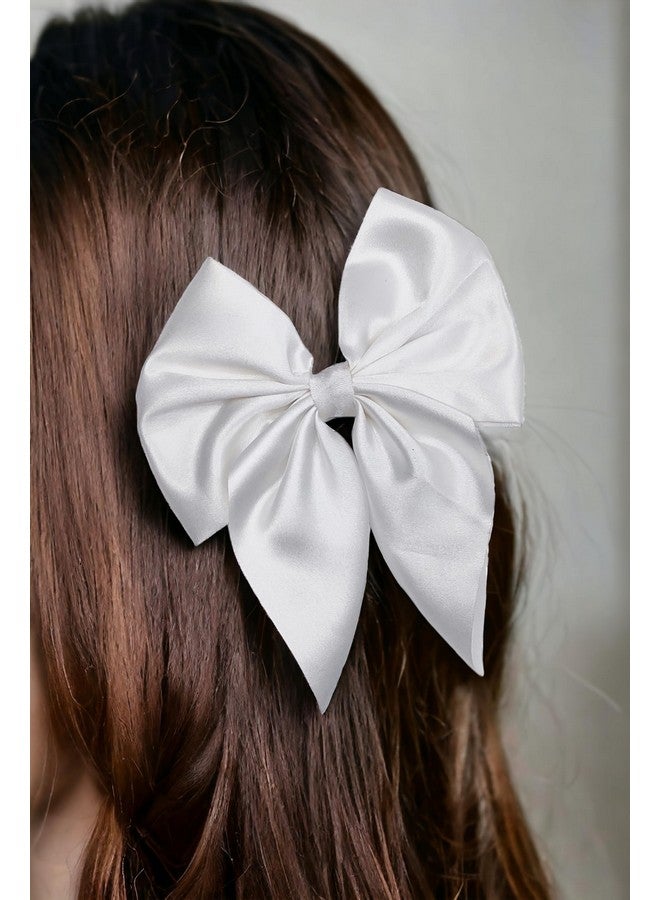 ANNACREATIONS Fashion Hair Bows For Women Bows For Hair Silk Satin Hair Ribbons Bow Hairclip For Women Cute Hair Clip For Girls Large Vintage Hair Hair Accessories Big Ribbon Bow Clip (White) - Image 3
