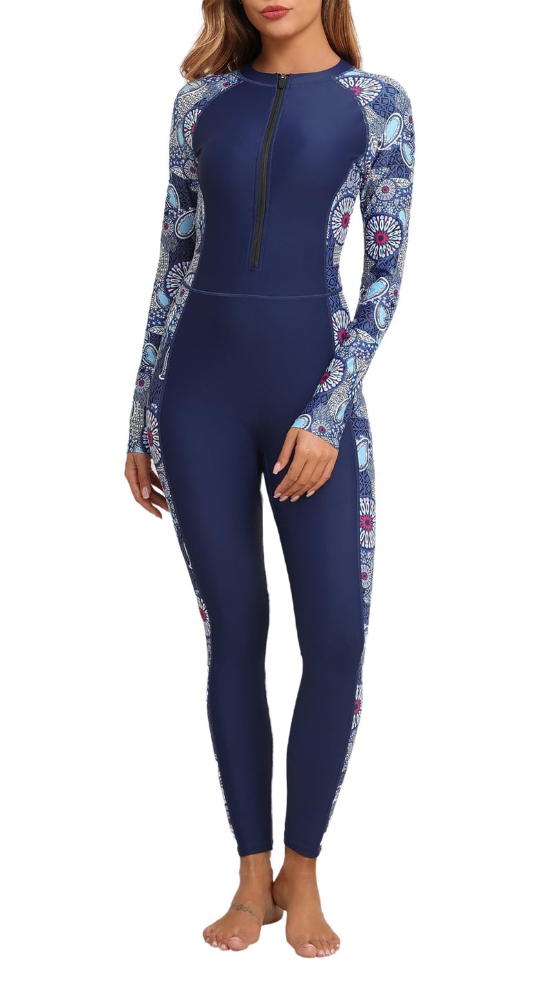ALLTOKE Womens Full Body Zip Front Rash Guard Long Sleeve One Piece Bathing Suit with Built in Bra UPF50 Surf Swimsuit Navy Blue Paisley M