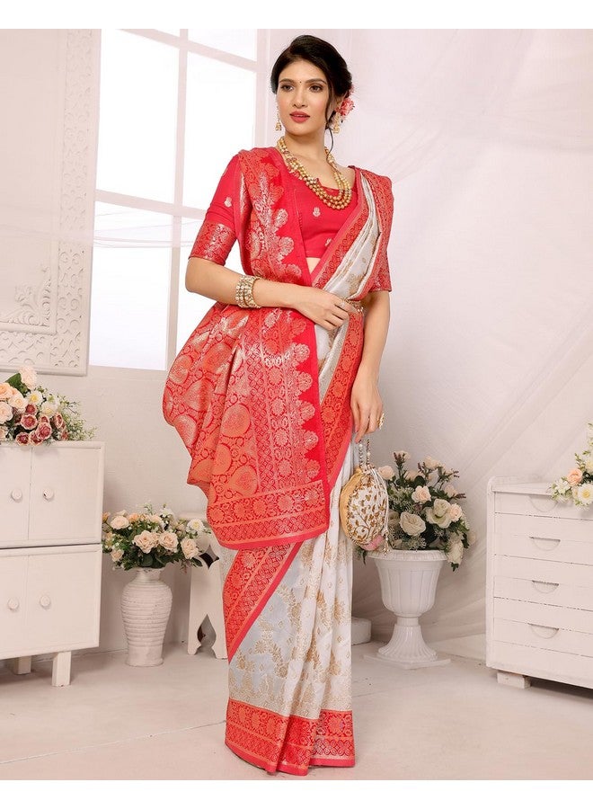 YASHIKA Yashika Women's Plain Floral Print Banarasi Kanjivaram Art Silk Saree Specially for Durga Puja with Unstitched Blouse Material (AZ-YS-P1-FLOWER New_White) - Image 3