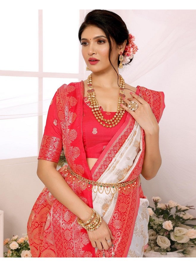 YASHIKA Yashika Women's Plain Floral Print Banarasi Kanjivaram Art Silk Saree Specially for Durga Puja with Unstitched Blouse Material (AZ-YS-P1-FLOWER New_White) - Image 2