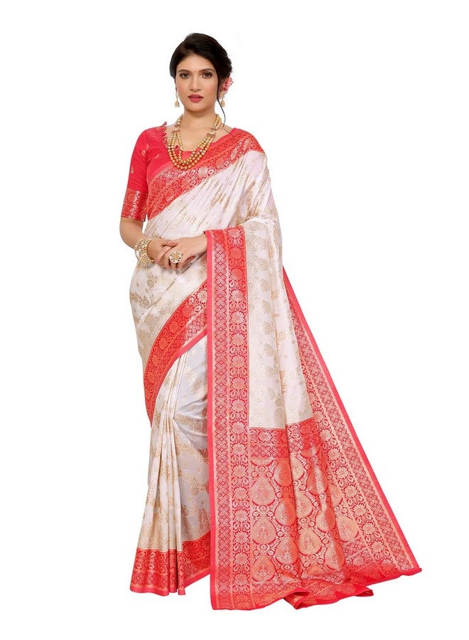 YASHIKA Yashika Women's Plain Floral Print Banarasi Kanjivaram Art Silk Saree Specially for Durga Puja with Unstitched Blouse Material (AZ-YS-P1-FLOWER New_White) - Image 1