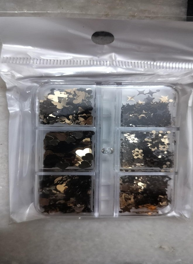 Nail Art Sequins Set, Black and Gold Mixed Shapes, 6 Compartment Storage Box