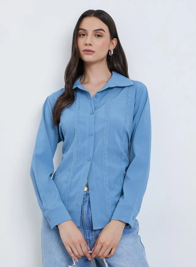 Take Two Take Two Solid Lace Trim Buttoned Long Sleeve Shirt