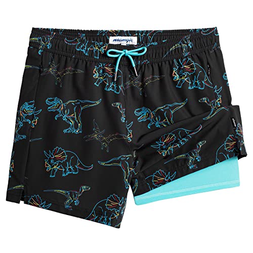 maamgic Mens Swim Trunks with Compression Liner 5" Stretch Athletic Swimming Shorts Quick Dry with Zipper Pockets No-Chafing Board Shorts Black-Colorful Dinosaur M - Image 1