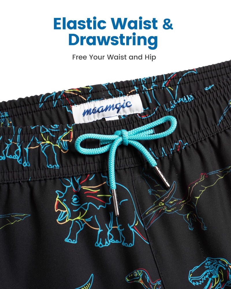 maamgic Mens Swim Trunks with Compression Liner 5" Stretch Athletic Swimming Shorts Quick Dry with Zipper Pockets No-Chafing Board Shorts Black-Colorful Dinosaur M - Image 5