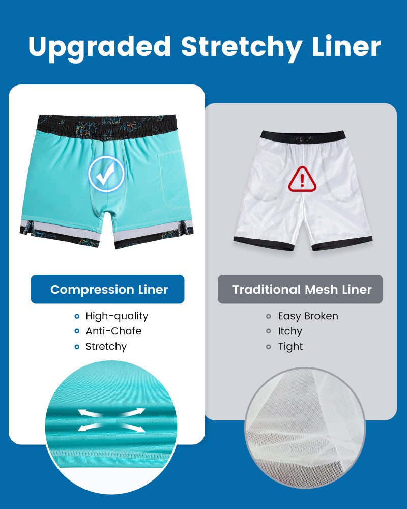maamgic Mens Swim Trunks with Compression Liner 5" Stretch Athletic Swimming Shorts Quick Dry with Zipper Pockets No-Chafing Board Shorts Black-Colorful Dinosaur M - Image 3