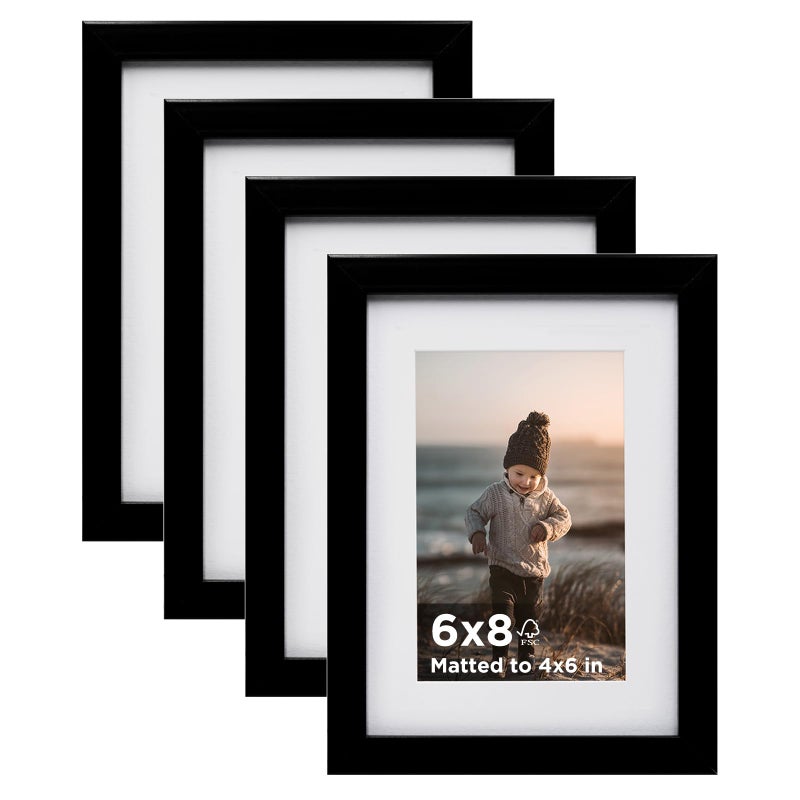 KINLINK 6x8 Picture Frame Black Set of 4 Wooden Photo Frames Matted 4x6 with Plexiglass for 4x6 with Mat or 6x8 without Mat for Table and Wall Display