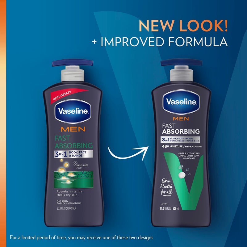 Vaseline Men Fast Absorbing 3-in-1 Face, Hands & Body Lotion for Men, 4 pack For Dry Skin,Absorbs in Just 15 Seconds for Moisturized Skin 20.3 Oz - Image 2