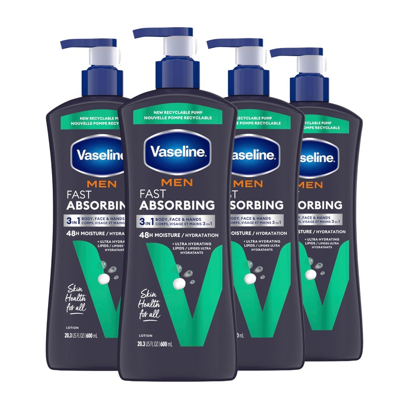 Vaseline Men Fast Absorbing 3-in-1 Face, Hands & Body Lotion for Men, 4 pack For Dry Skin,Absorbs in Just 15 Seconds for Moisturized Skin 20.3 Oz - Image 1