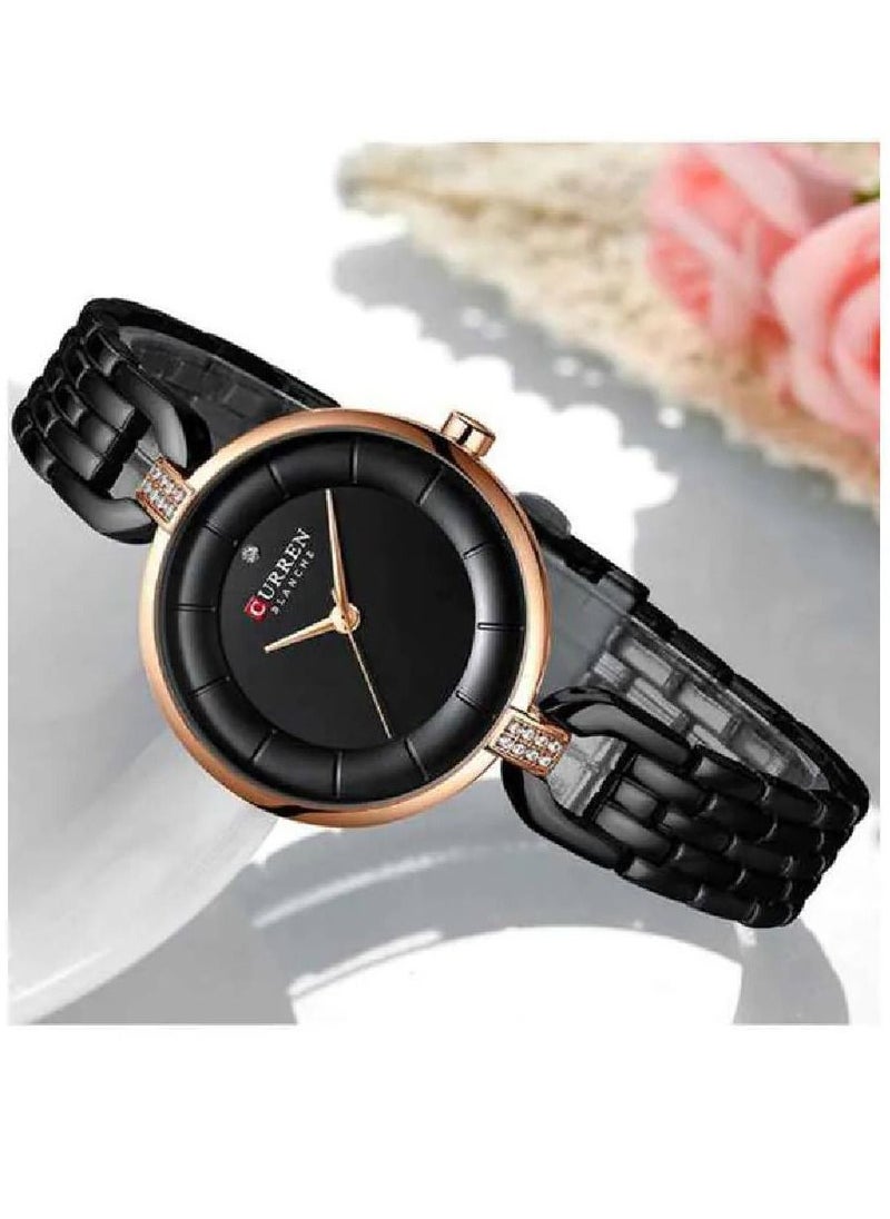 CURREN - 9052 Women's Luxury Waterproof Analog Quartz Steel Bracelet Watch - Black - Image 1