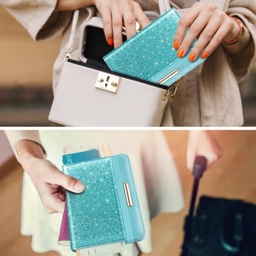Coco Rossi Passport Holder Cover, RFID Travel Wallet Credit Card Holder Blue Green Cute Sparkly Passport Book Holders for Women with Elastic Band and Golden Metal Decoration, Tiffany Glitter - Image 3