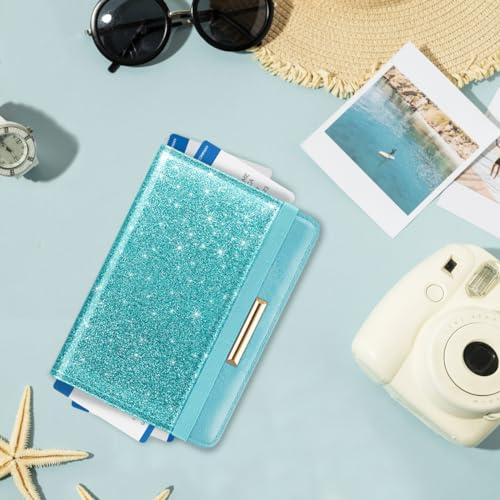 Coco Rossi Passport Holder Cover, RFID Travel Wallet Credit Card Holder Blue Green Cute Sparkly Passport Book Holders for Women with Elastic Band and Golden Metal Decoration, Tiffany Glitter - Image 4