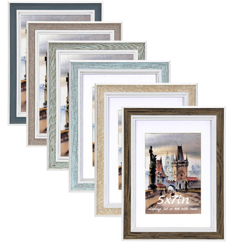 5x7 Picture Frame Set of 6 vintage picture frames Rustic Farmhouse Photo Frame Display 4x6 with Mat or 5x7 Without Mat for Decorative on Wall Hanging Tabletop Placement