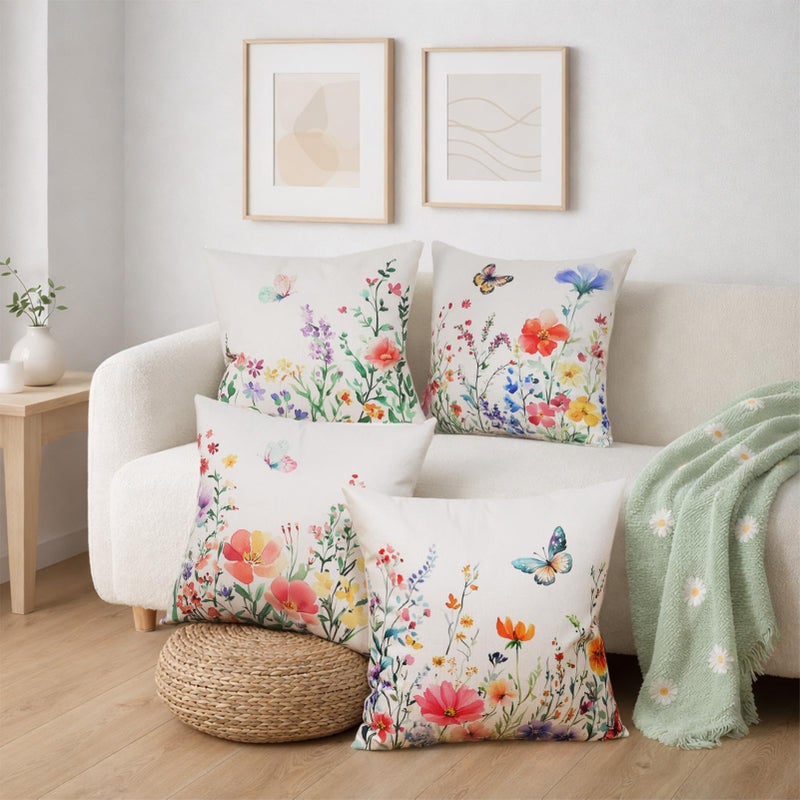 Yuubin Spring Summer Plant Pillow Covers 18x18 Inch Set of 4 Butterfly Floral Pillows Case,Outdoor Indoor Home Sofa Farmhouse Linen Decor Cushion - Image 4