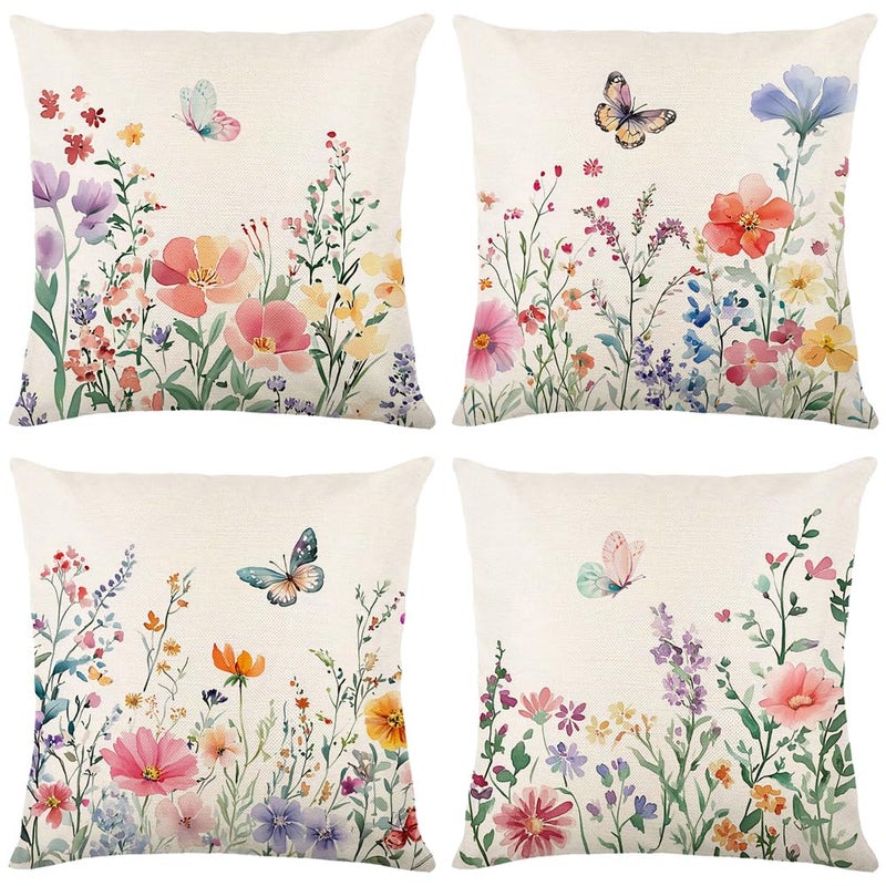 Yuubin Spring Summer Plant Pillow Covers 18x18 Inch Set of 4 Butterfly Floral Pillows Case,Outdoor Indoor Home Sofa Farmhouse Linen Decor Cushion - Image 1