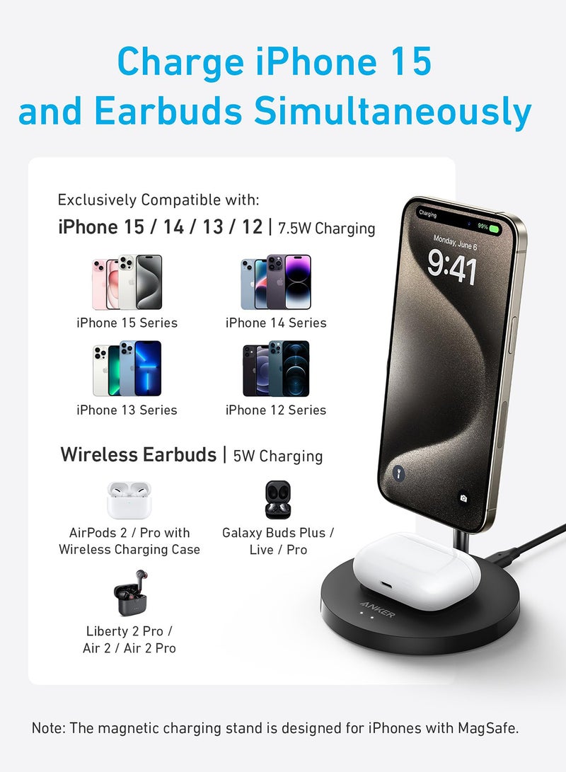 Anker iPhone 16 Wireless Charging Stand, PowerWave 2-in-1 Magnetic Stand Lite with USB-C Cable, For iPhone 16/15/14/13 Series, AirPods (No AC Adapter) Black - Image 3