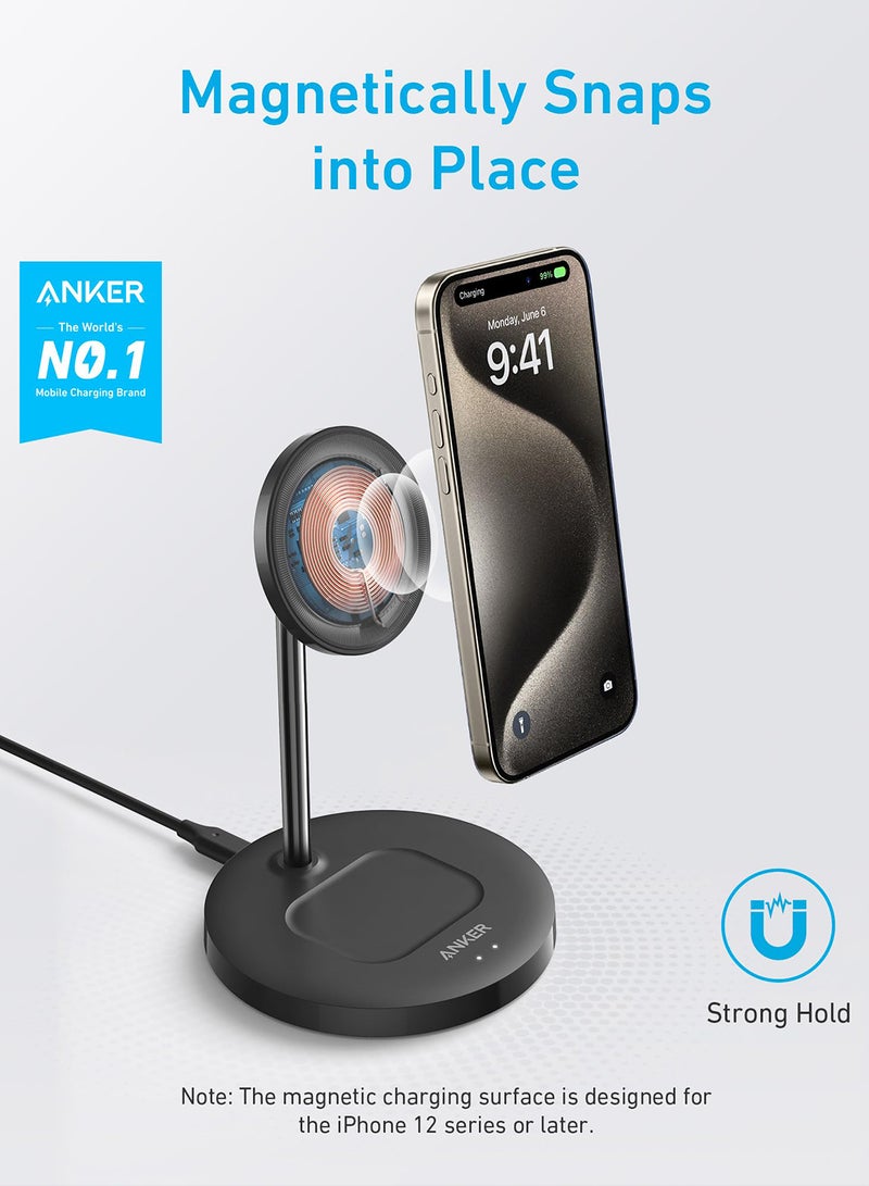 Anker iPhone 16 Wireless Charging Stand, PowerWave 2-in-1 Magnetic Stand Lite with USB-C Cable, For iPhone 16/15/14/13 Series, AirPods (No AC Adapter) Black - Image 2