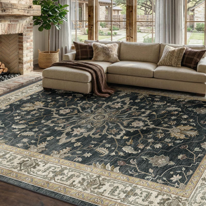 RELEANY Area Rugs 8'x10' Washable Non-Slip, Floral Vintage Distress Print Pattern Medallion Carpet for Living Room Bedroom Dining Room, Vintage Black Brown Neutral - Image 1