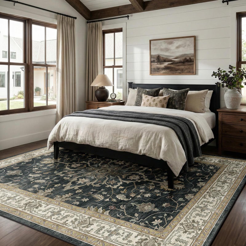 RELEANY Area Rugs 8'x10' Washable Non-Slip, Floral Vintage Distress Print Pattern Medallion Carpet for Living Room Bedroom Dining Room, Vintage Black Brown Neutral - Image 3