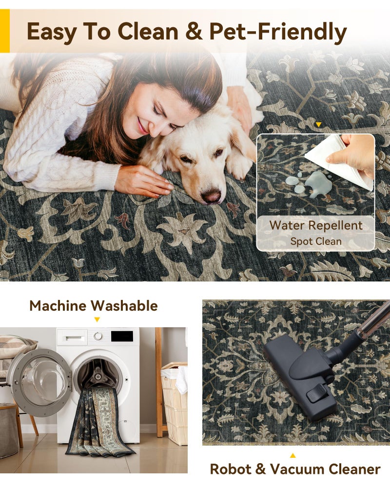RELEANY Area Rugs 8'x10' Washable Non-Slip, Floral Vintage Distress Print Pattern Medallion Carpet for Living Room Bedroom Dining Room, Vintage Black Brown Neutral - Image 5