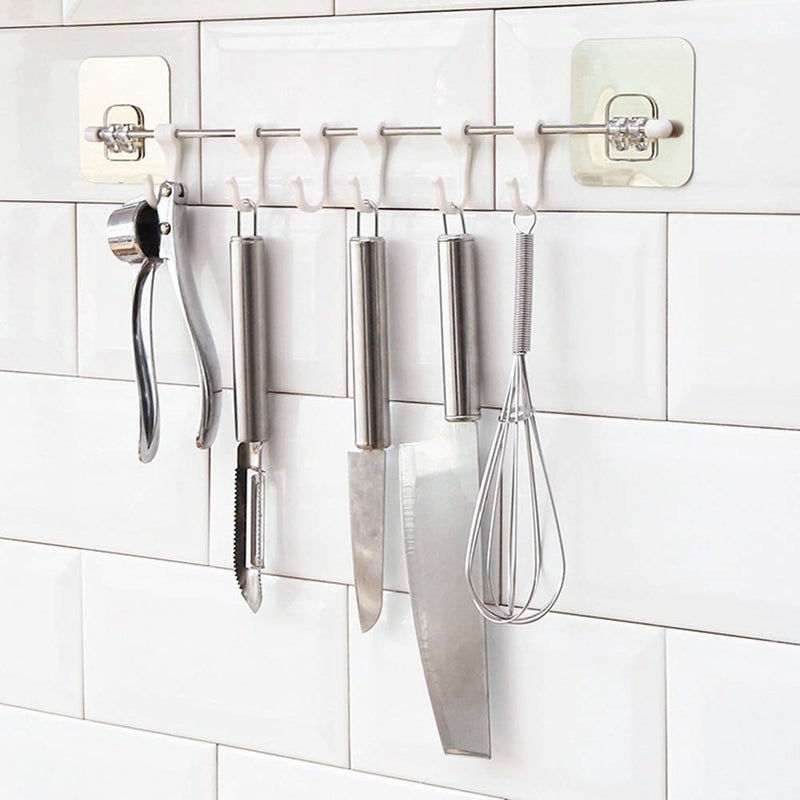 Honexa Self Adhesive Bathroom Towel Hanger Hook Rail Utensil Rack Hanger Hooks for Clothes Cup Hanger Hooks for Kitchen Bath Towel Hook Hanger Wall Hook Hanger 6 Hooks 40 x 7 cm Pack 2 - Image 5
