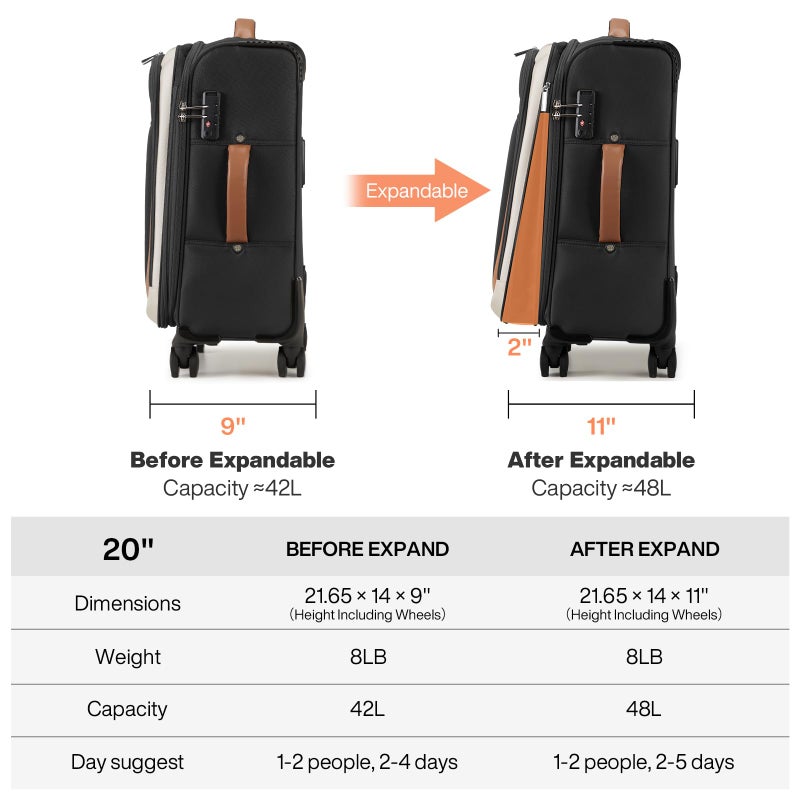 mixi Carry On Luggage 20 Inch Softside Expandable Suitcase with Front Pocket, 22x14x9 Airline Approved Rolling Lightweight Travel Suitcases with Wheels & TSA (Black-Off White) - Image 5