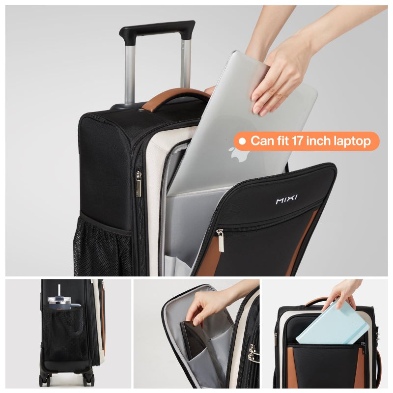 mixi Carry On Luggage 20 Inch Softside Expandable Suitcase with Front Pocket, 22x14x9 Airline Approved Rolling Lightweight Travel Suitcases with Wheels & TSA (Black-Off White) - Image 4